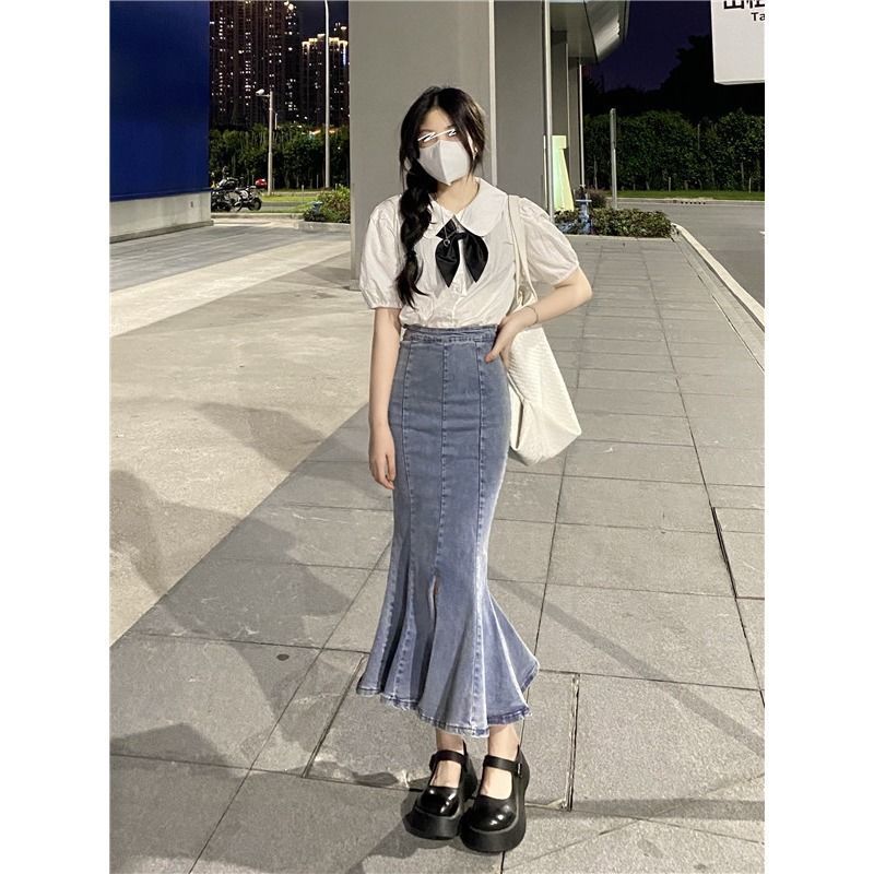 Fat mm denim Ruffle large skirt women's spring autumn high waist elastic wrap hip fishtail skirt medium length skirt