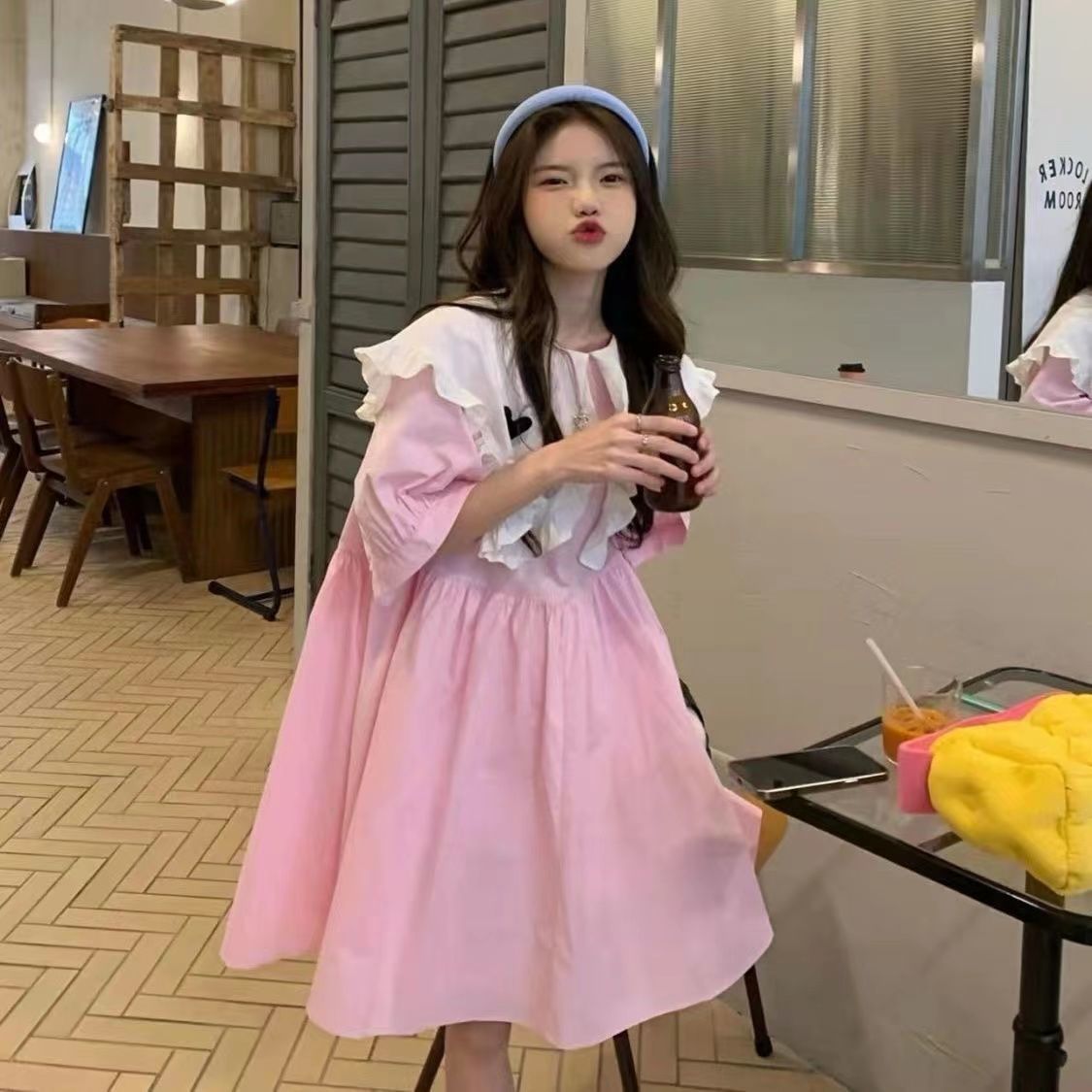 Baby collar dress 2022 summer Japanese student women's loose Korean version sweet girl patchwork collar first love feeling