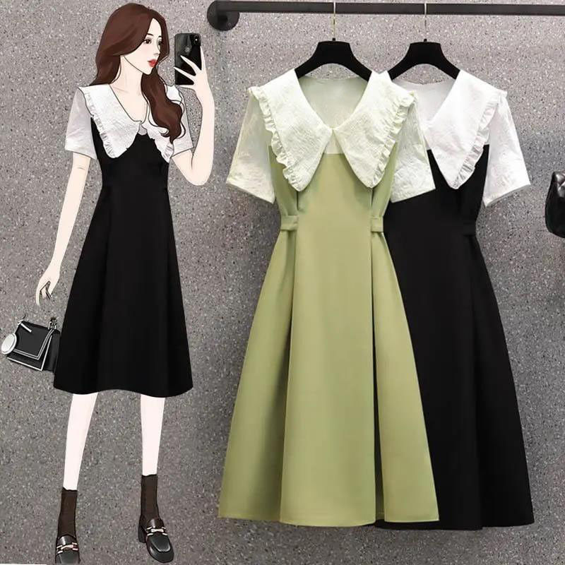 Large women's clothing 2022 summer new fat sister looks thin at the waist, super fairy sweet fake two piece baby collar dress
