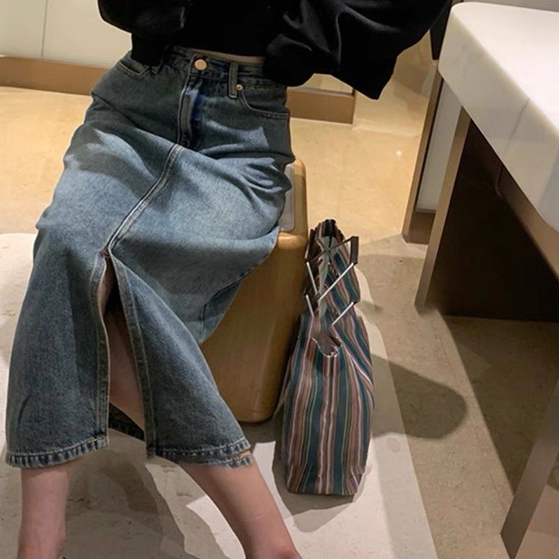 Spring and summer large size fat mm Retro Blue split denim skirt women loose and thin medium length High Waist Hip Wrap Skirt