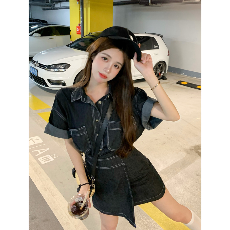 Real shot real price line denim suit women's summer thin short sleeve shirt short skirt