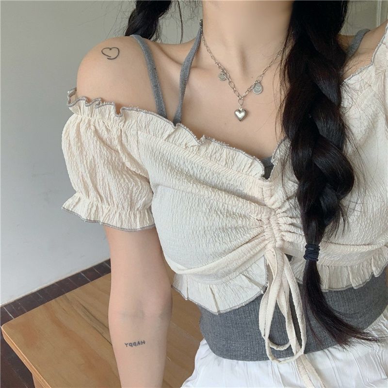 2022 new summer Japanese students slim short shirt fold design cute shoulder strap + neck strap