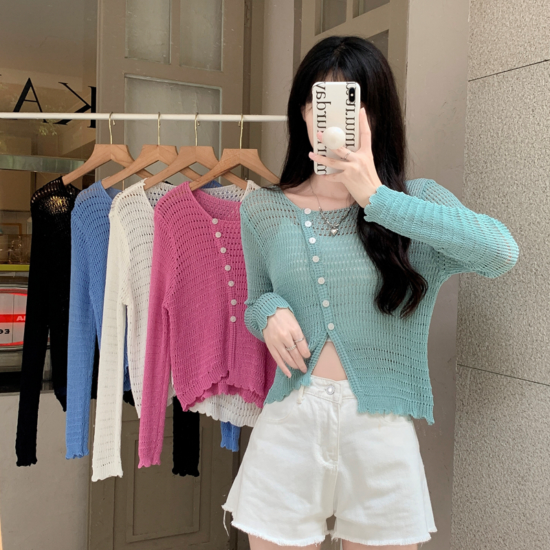 Real price oblique placket thin sunscreen knitted cardigan with hollow out blouse air conditioner shirt