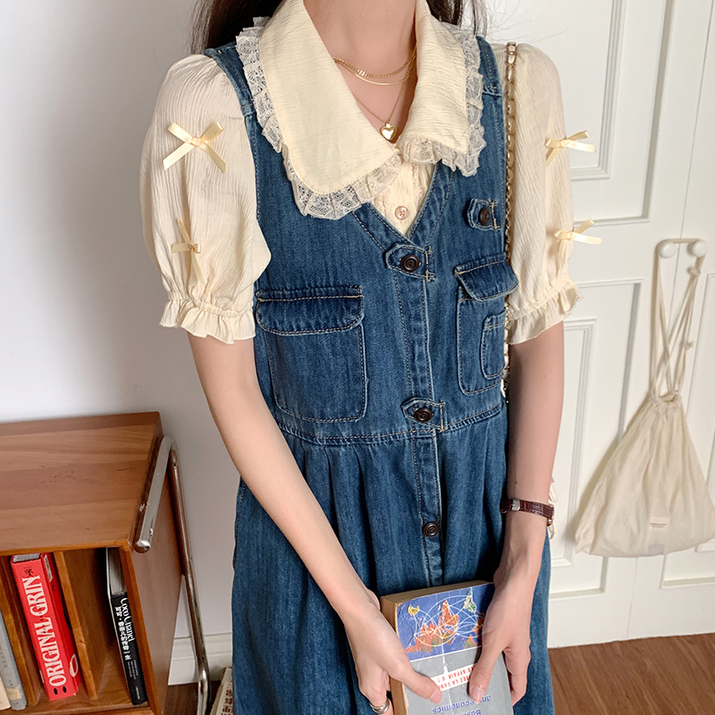 Real shot real price blue retro denim vest dress women's waist looks thin and versatile over the knee mid length dress