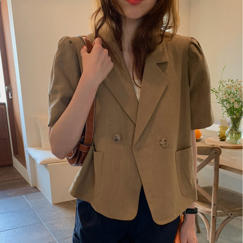 Korean chic design micro bubble short sleeve small coat versatile loose cotton linen suit summer women look thin