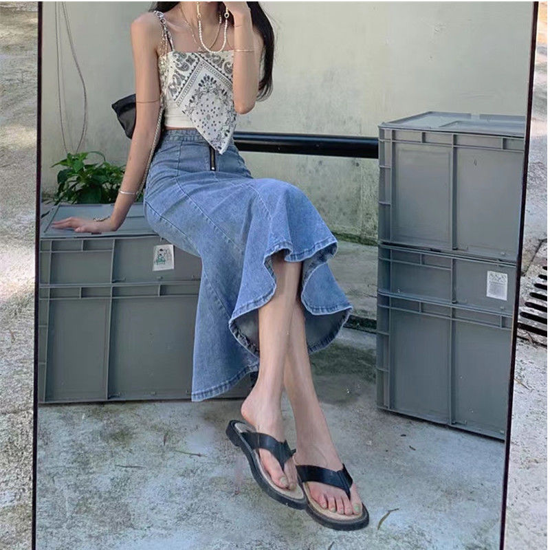 Half skirt new fishtail skirt medium long high waist small thin split A-line elastic Hip Wrap denim skirt