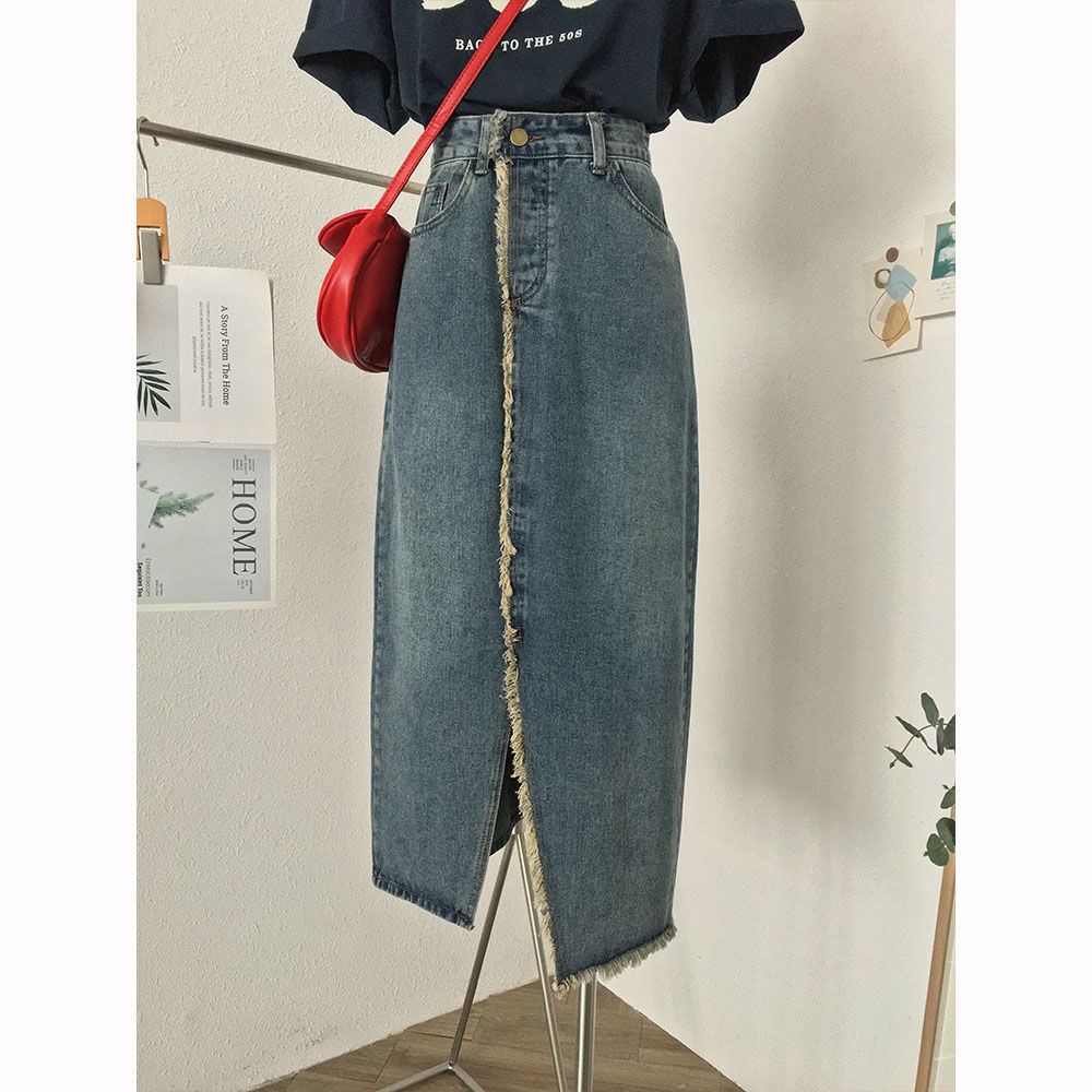 High waist split raw denim skirt women's skirt 2022 new design sense of minority summer A-line skirt medium length