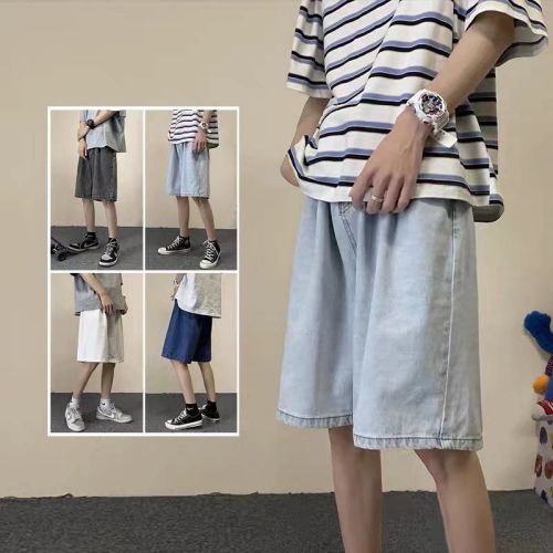 2022 Hong Kong style summer new men's and women's trend retro versatile loose straight tube Denim Capris casual pants trend