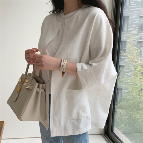 Loose ice silk cotton linen top women's spring and summer clothes 2022 New Retro large color blocking simple cotton linen T-shirt women