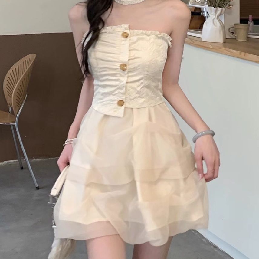 Jmshop Lillian sweet tea waist dress small design feeling thin Strapless skirt fairy yarn skirt