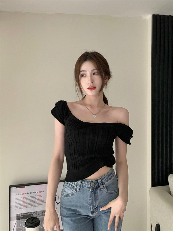 Real price summer small fragrance off the shoulder knitwear women's short small fly sleeve top