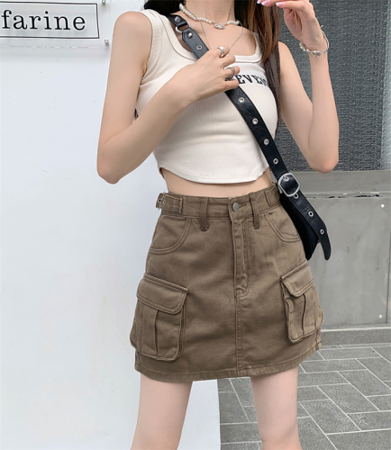 Real shooting and real price summer female Spice Girl anti light show thin high waist a-word American retro pocket work dress