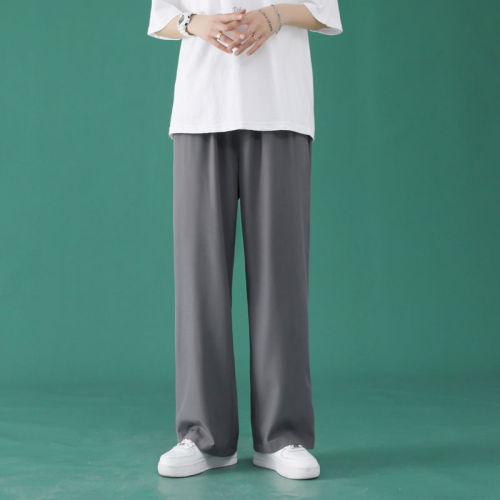 Spring and summer men's vertical casual long pants tide brand loose straight tube sports pants thin ice silk pants wide leg pants