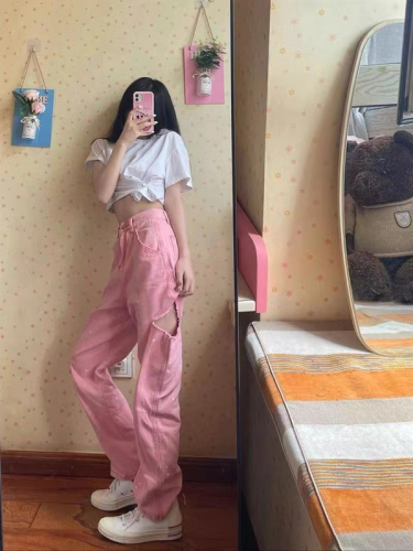 Non real auction special pink ripped jeans women's loose straight wide leg pants ins Chaogao Street