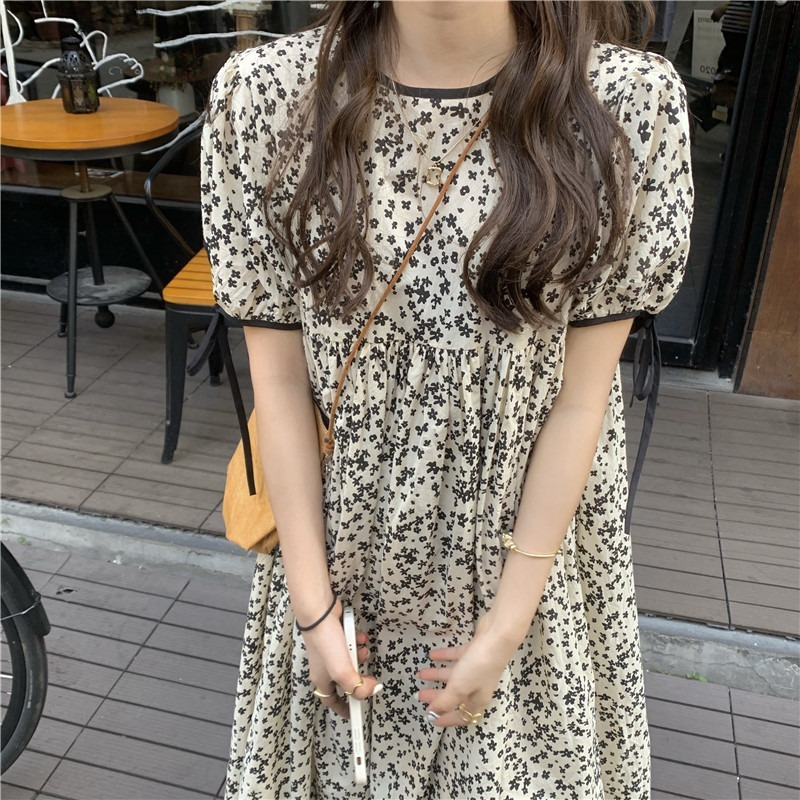 French medium length skirt student summer floral lace up loose dress round neck large skirt hem bubble sleeve