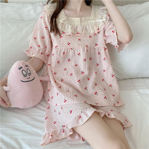 Real price sweet lace edge square neck short sleeve nightwear women's summer ins style 2022 NEW