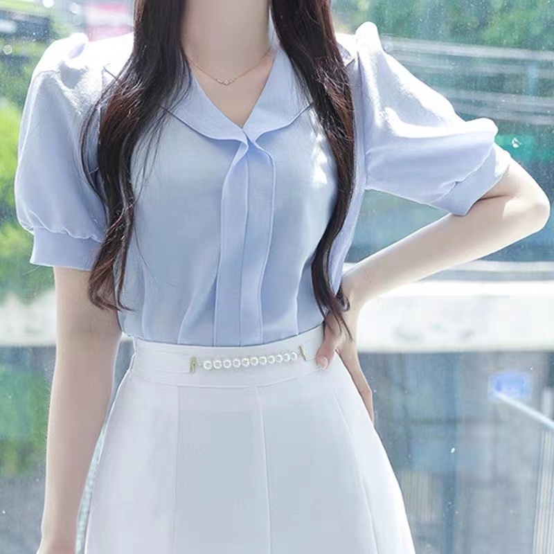 V-neck Chiffon Top Women's short sleeve 2022 summer new shirt design sense of minority super fairy foreign style bubble sleeve shirt