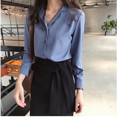 2022 autumn new women's chic suit Collar Chiffon shirt women's long sleeve ol shirt solid color bottom Shirt Top