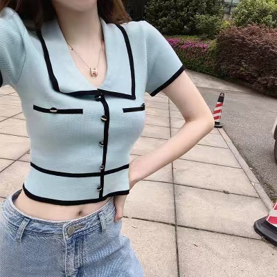 Summer Korean version small fresh ice silk Lapel short sleeve top women look thin thin short open navel cardigan top women's fashion