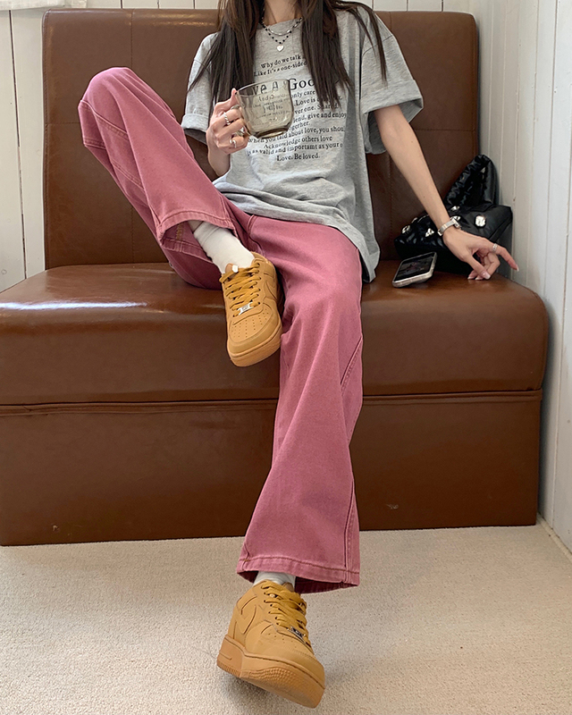 Real auction real price summer 2022 new pink wide leg jeans women's loose straight high waist casual pants