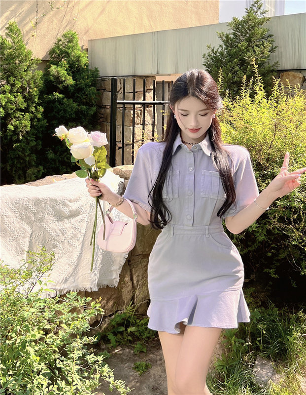Real price and real shot Provence purple fishtail denim dress, minority design, high-grade sense skirt, children