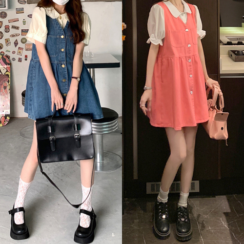 Real auction real price retro Hong Kong Style sleeveless denim vest skirt women look thin and versatile A-line love button dress#