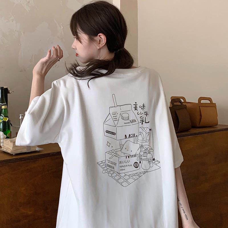100% cotton port chic print short sleeve T-shirt women ins Harajuku loose half sleeve medium length Korean top