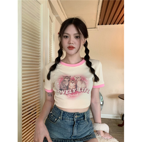 Official figure pull frame cotton sweet spicy love cat shoulder T-shirt women's new summer slim short