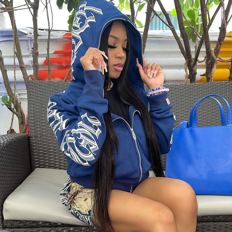 2022 European and American fashion women's autumn new solid color letter printed Kepeng hooded long sleeve sweater