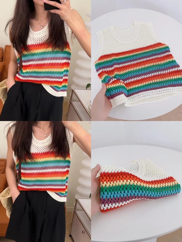 Rainbow contrast striped vest women's summer 2022 new niche design loose sleeveless hollow out knit top