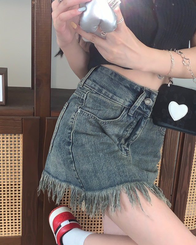 Real price retro denim skirt women's summer 2022 new spice girls high waist fur fringed Hip Wrap Skirt