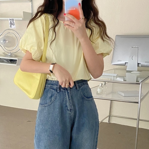 Real shooting imitation Tencel cotton early summer Sen series sweet cool thin versatile Korean version bubble sleeve solid color age reducing short sleeve