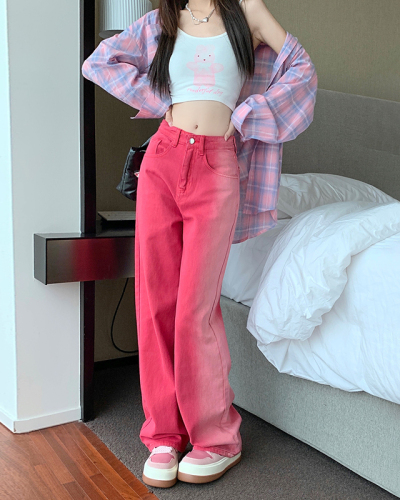 Real auction real price summer 2022 new pink gradient jeans women's design straight tube High Waist Wide Leg Pants