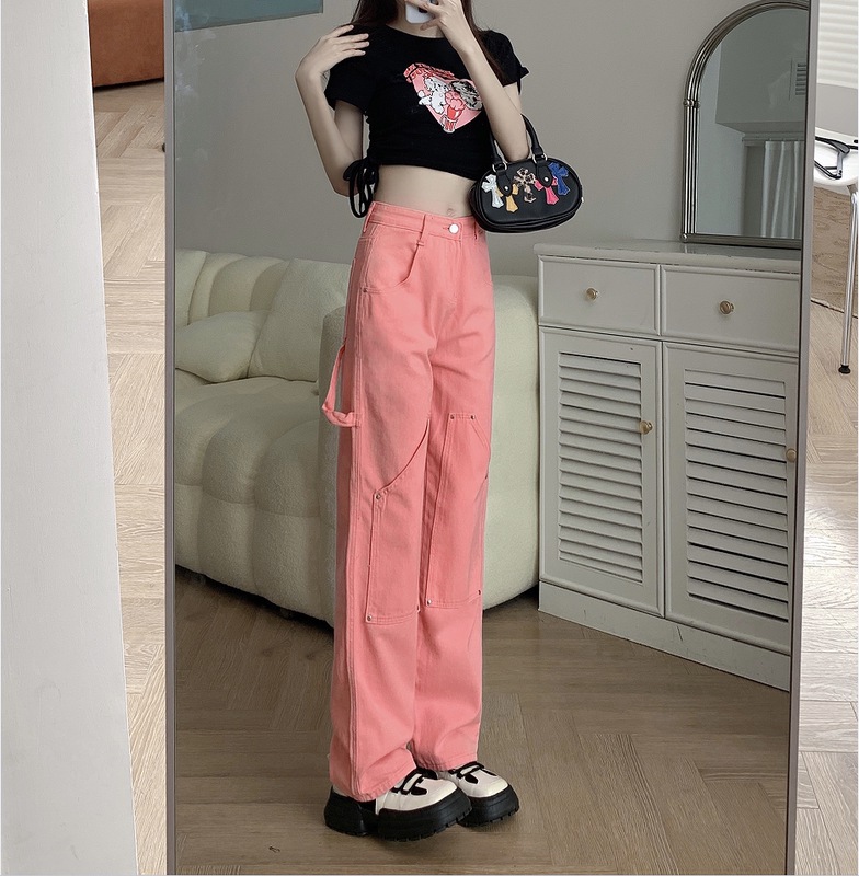 Real shot of pink jeans women's new sweet and cool loose high waist wide leg straight floor mopping pants high street floor mopping pants