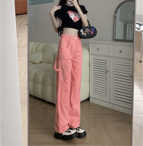 Real shot of pink jeans women's new sweet and cool loose high waist wide leg straight floor mopping pants high street floor mopping pants