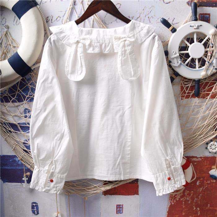 Japanese soft girl three-dimensional bowknot rabbit ears lotus leaf lace splicing large doll neck short white shirt top female