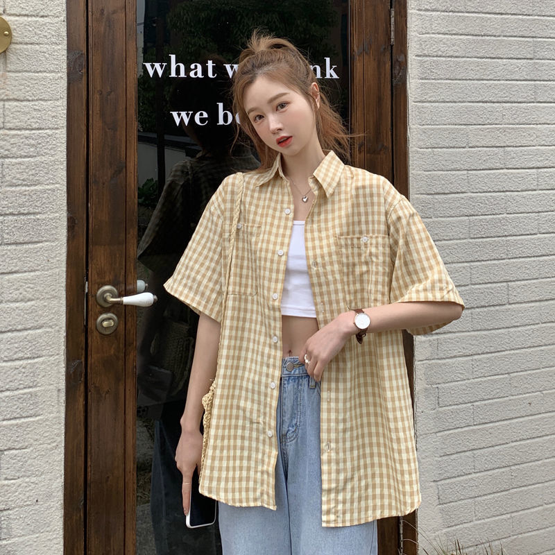 2022 shirt ins Summer Short Sleeve Shirt women's port style coat with lovers' loose Half Sleeve Plaid trend