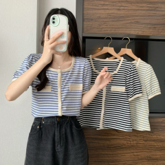 Real shooting and real price summer new stripe short sleeve T-shirt women's design sense of minority versatile round neck top women