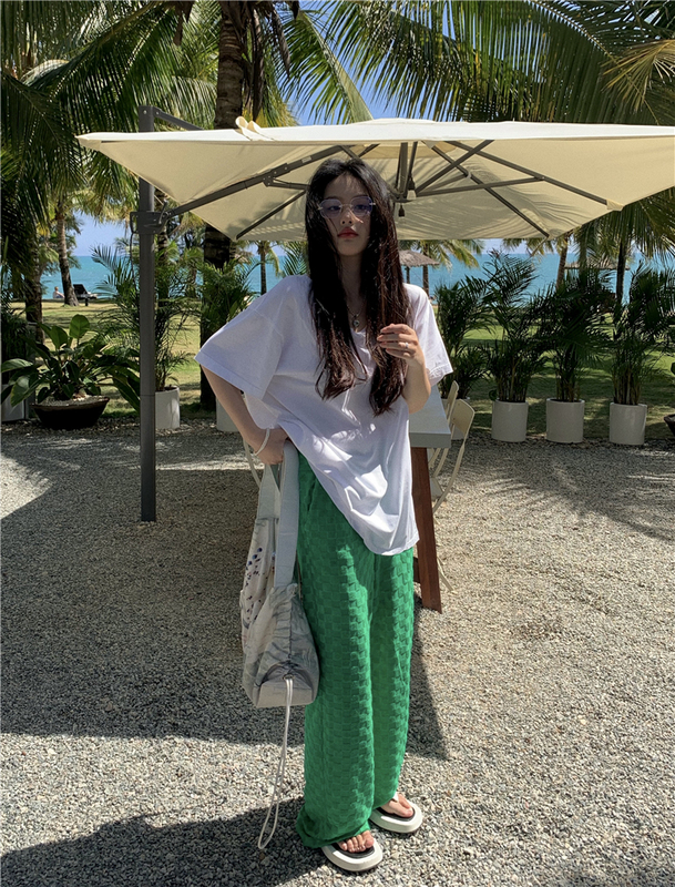 Real photos of versatile pure cotton loose medium length pure board cotton t+ wide leg casual pants women's vertical air bubble pants