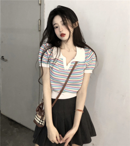 Real shot of sweet and spicy girl style contrast stripe polo collar bright silk short top women's slim sweater