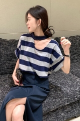 Striped knitted women's summer 2022 New Retro Hong Kong Style careful machine design sense hollow neck hanging short sleeve top in