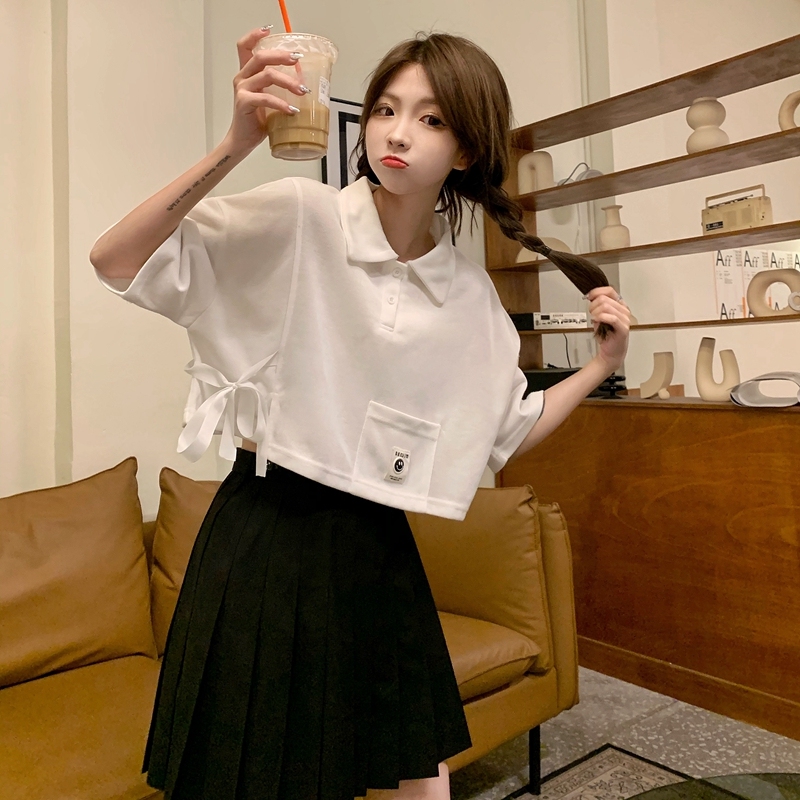 Real shooting of summer new short sleeve design feeling Polo neck loose and versatile T-Shirt Top Women