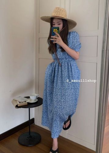 New real shooting real price Korean version waist closing V-neck Retro Blue Floral Dress summer style slim dress