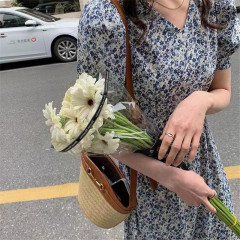 V-neck short sleeve floral dress blue fishtail skirt women's French style mid length skirt ins super slim