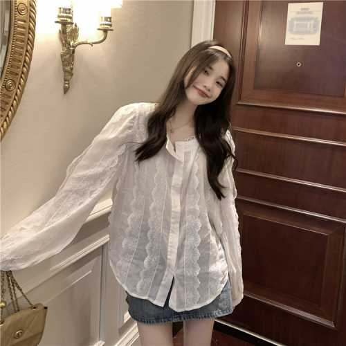 Real shooting and real price Korean version of summer super fairy lace splicing Tencel long sleeve sunscreen shirt