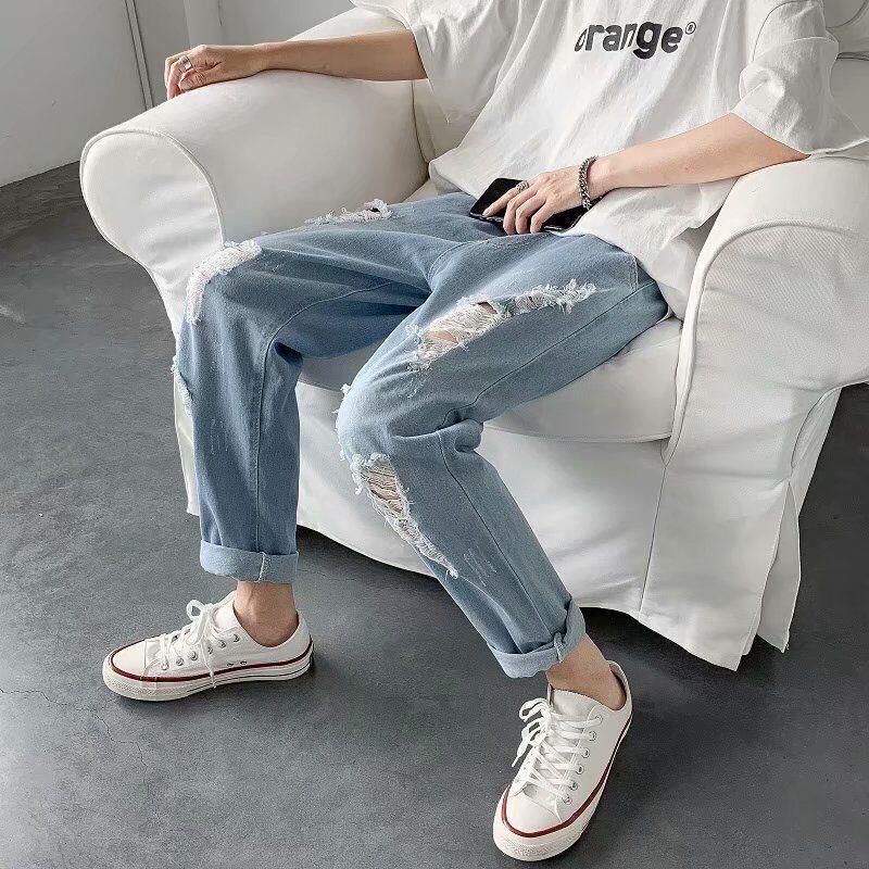 Spring and summer tattered jeans men's straight tube loose lanyard students' versatile cropped pants tattered beggar pants Zichao