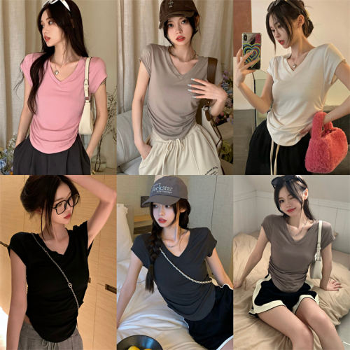 Real price solid color thin V-neck front shoulder lazy wind fold Pullover Top Women's fashion six colors