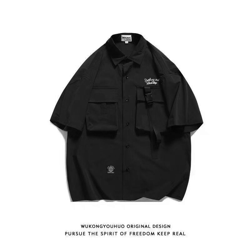 Ins American Japanese retro pocket work clothes short sleeve shirt men's fashion street BF loose couple shirt coat