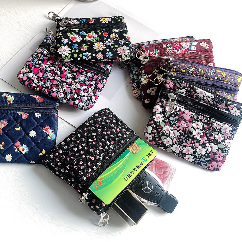 Vintage zero wallet double zipper card bag middle aged and elderly people hold small wallet broken flowers to store soft cotton key bag