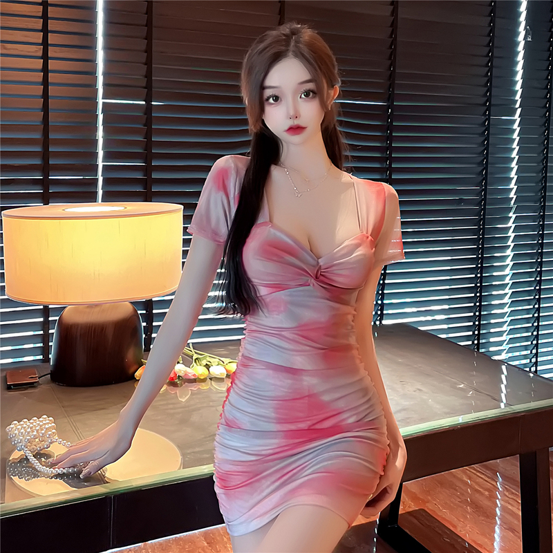 Real shooting of new style temperament sexy printed screen Hip Wrap short sleeve dress slim slim Hip Wrap Skirt